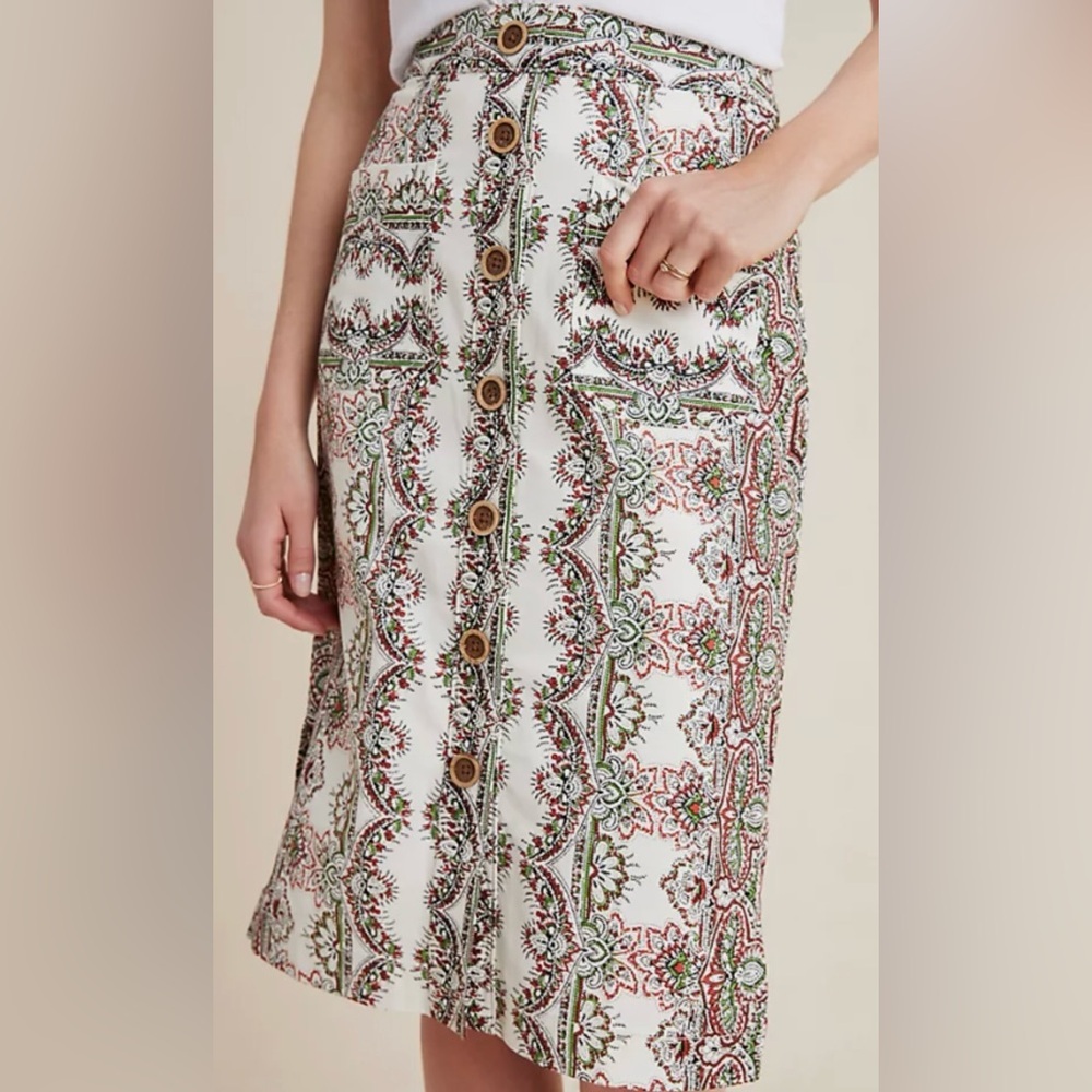 Maeve Kaleidoscope Button-Front Pencil Skirt Size 0 Ivory Paisley Anthropologie - Picture 2 of 7